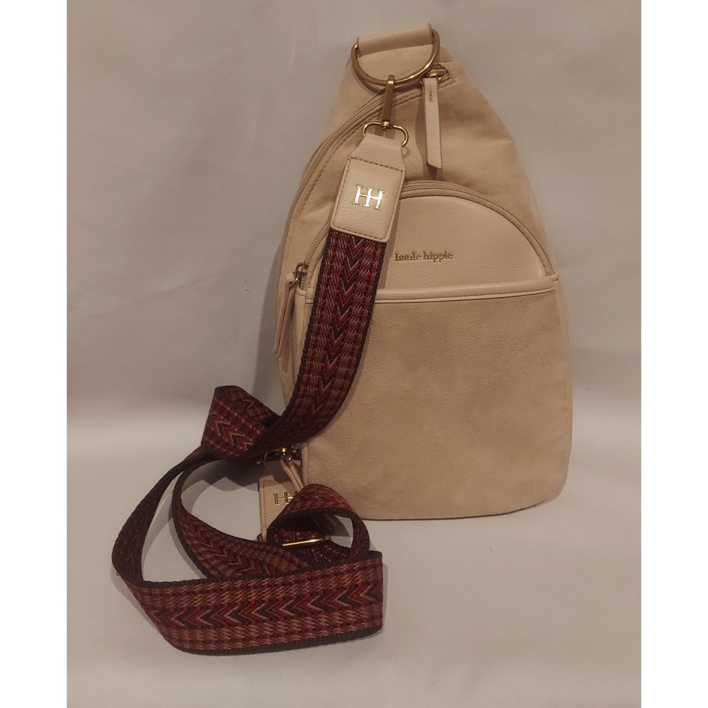 Haute Hippie Womens Beige Faux Suede Crossbody Sling Bag Guitar Style Strap
